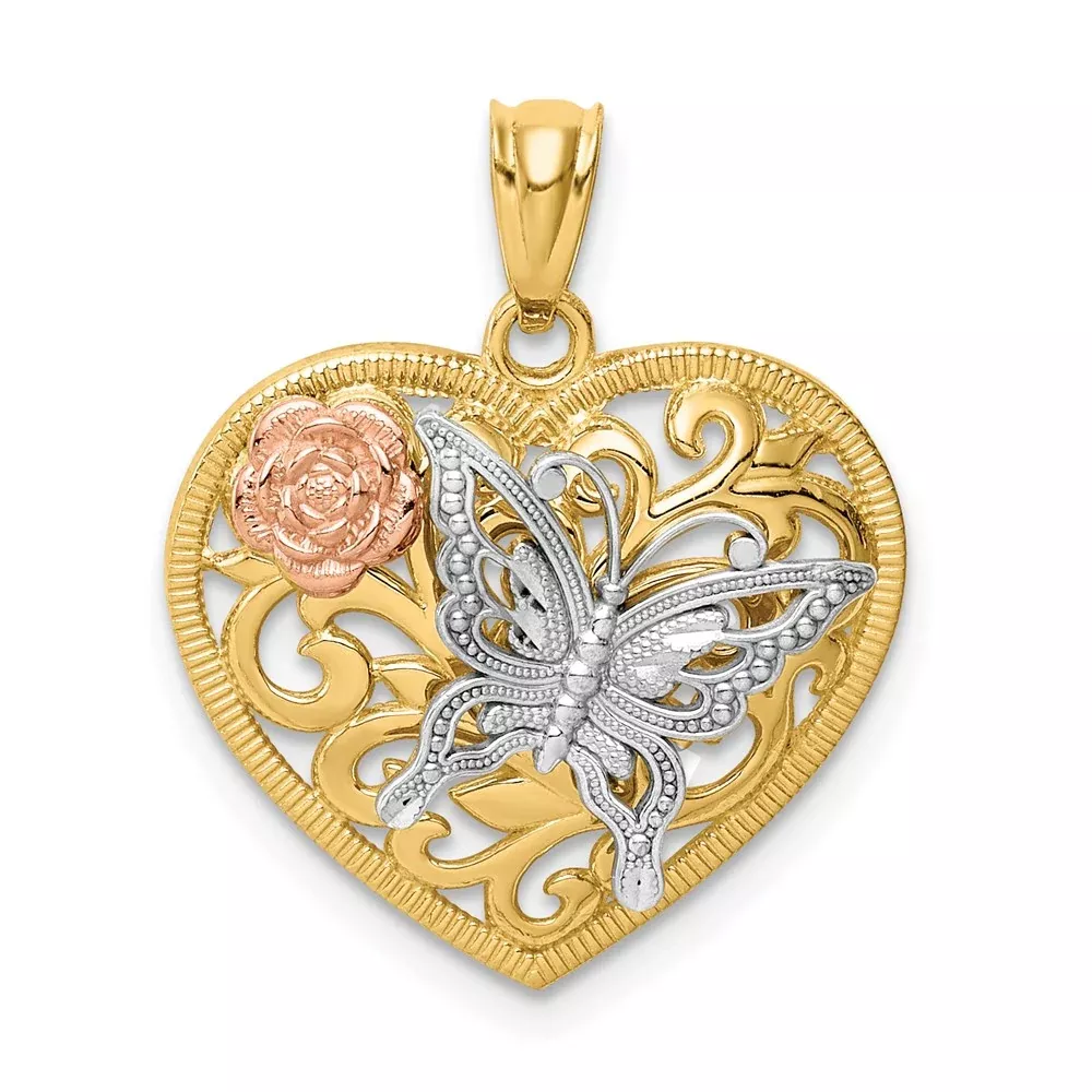 14k Tri-Color Gold Butterfly Heart Pendant
