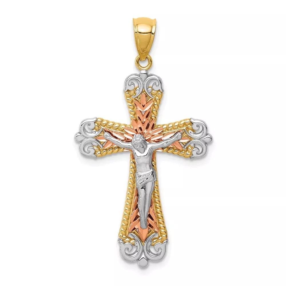 14k Tri-Color Gold D/C w/White Rhodium Crucifix Pendant
