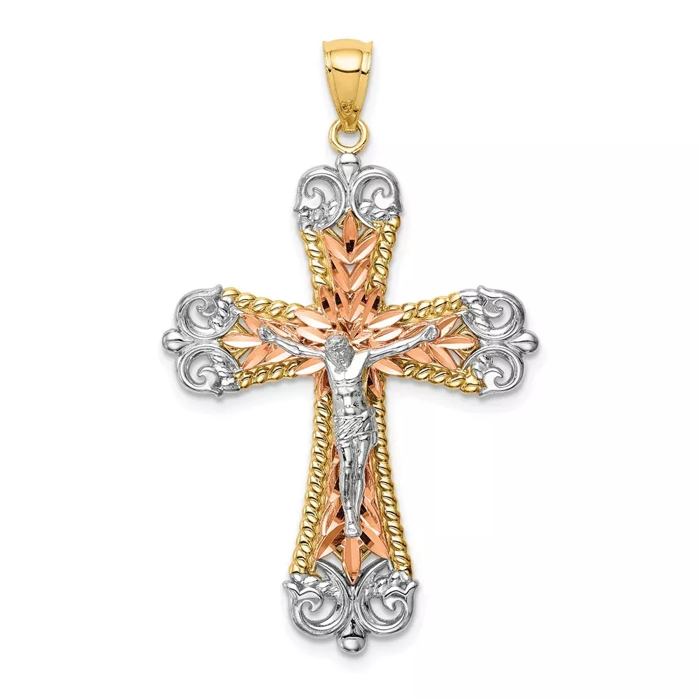 14k Tri-Color Gold w/Rhodium Crucifix Pendant