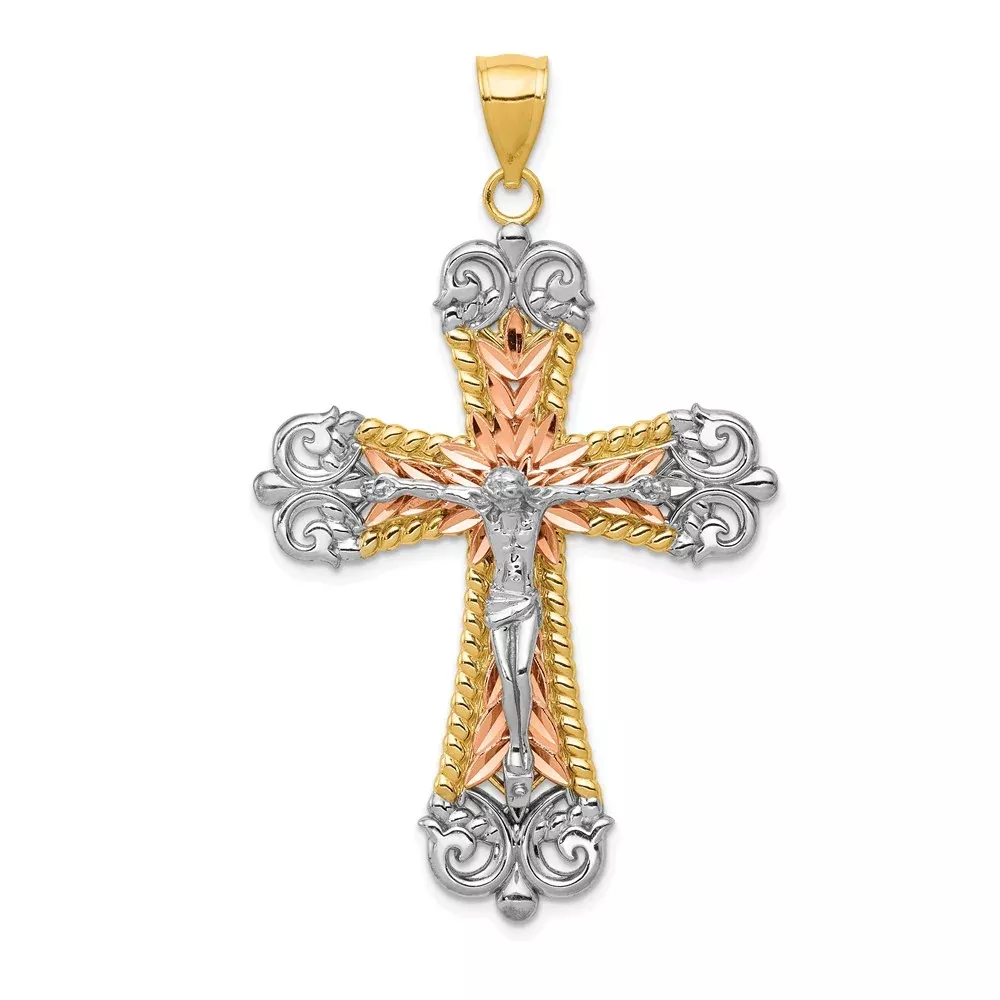14k Tri-Color Gold W/ White Rhodium Crucifix Cross Pendant