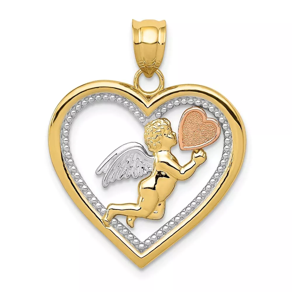 14k Tri-Color Two-tone Gold w /White Rhodium Angel Heart Pendant