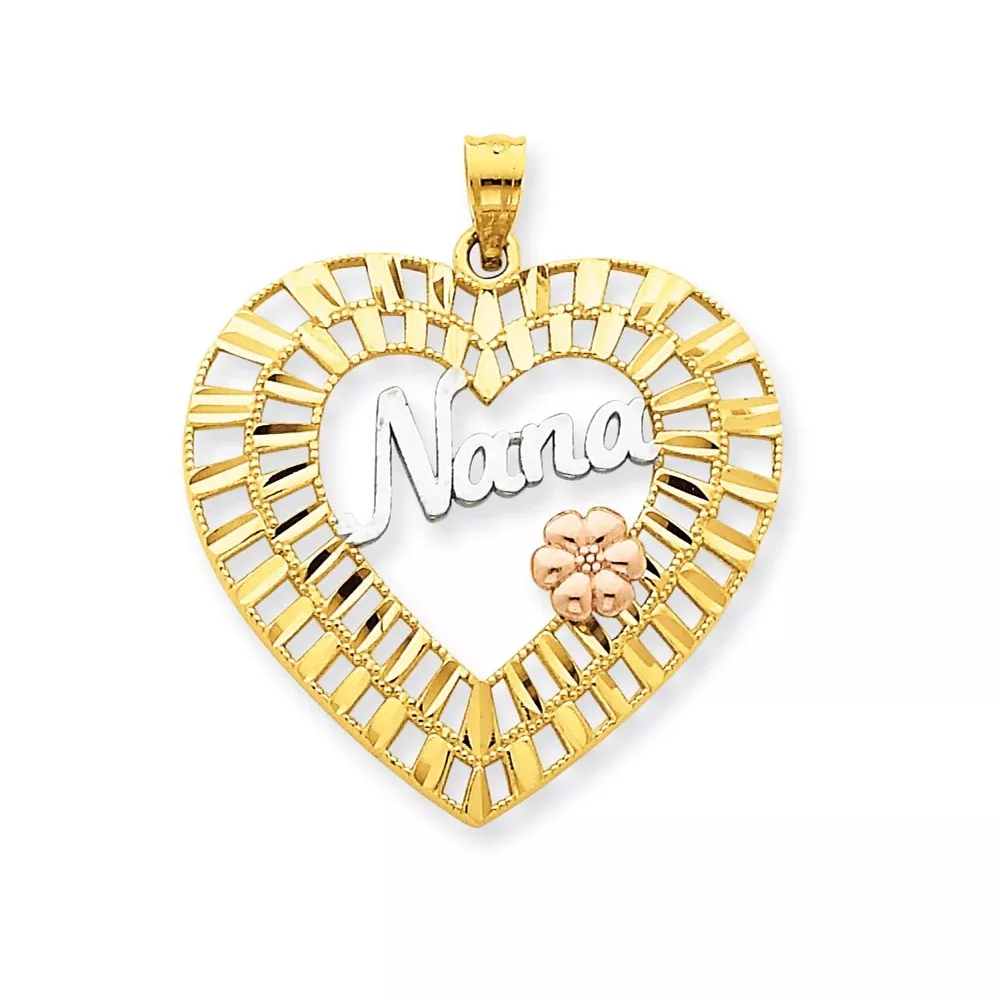 14k Tri-Color Yellow & Rose Gold w /Rhodium Diamond-cut Nana Heart Pendant