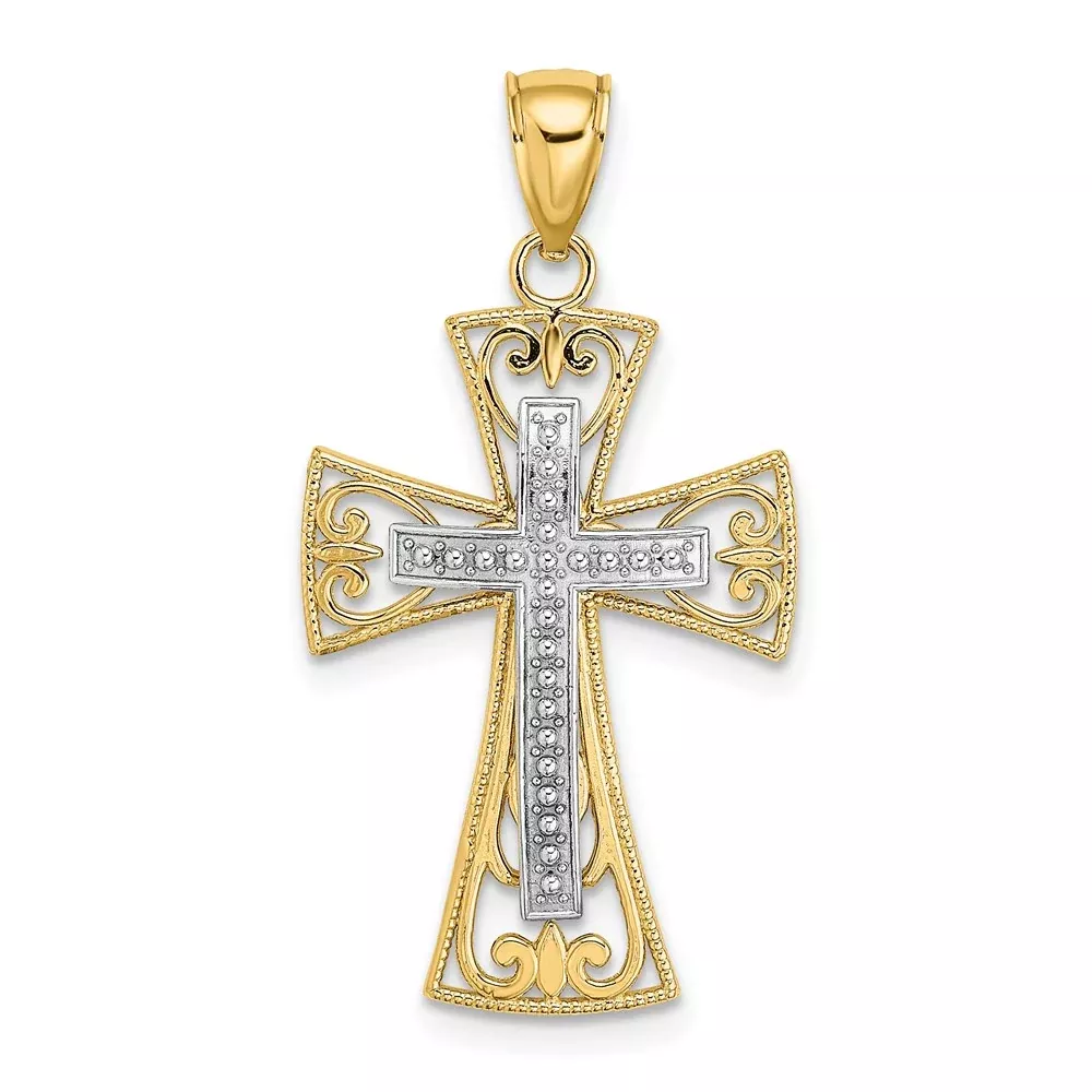 14k Two-tone Gold 2-D and D/C Beaded Filigree Cross Charm