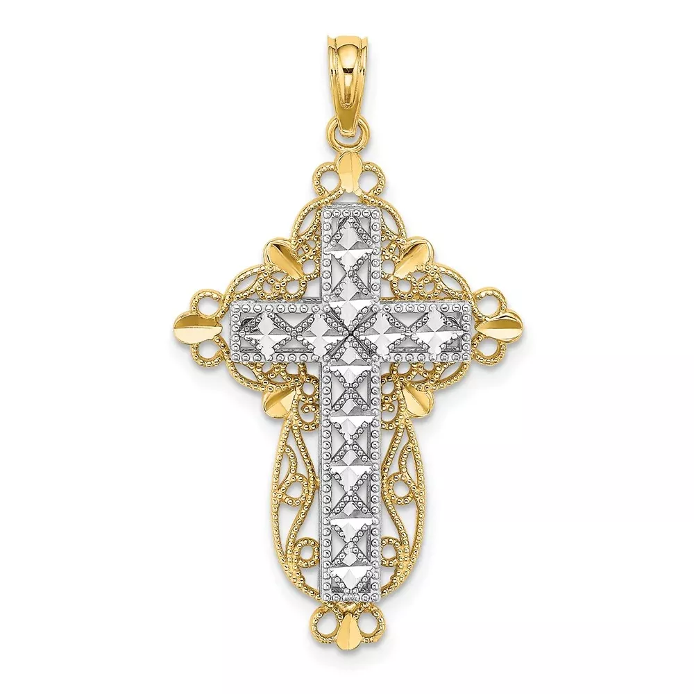 14k Two-tone Gold 2-D and D/C Filigree Cross Charm