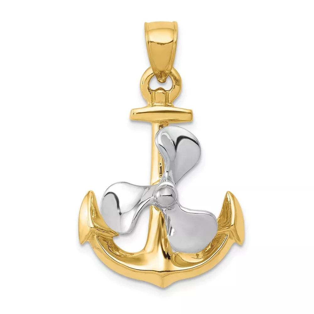 14k Two-tone Gold 3-D Anchor w /Moveable Propeller Pendant