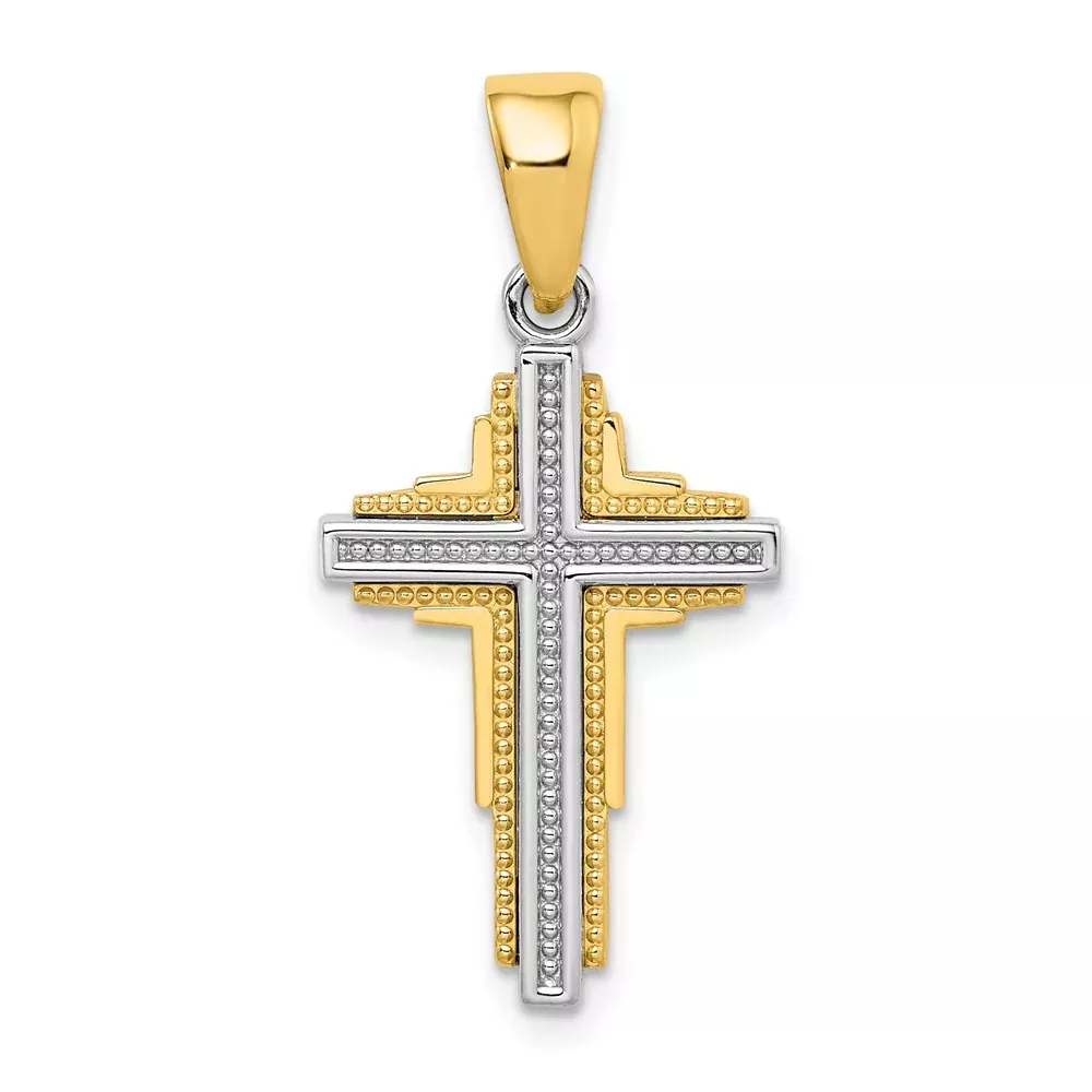 14k Two-tone Gold Beaded Cross Pendant