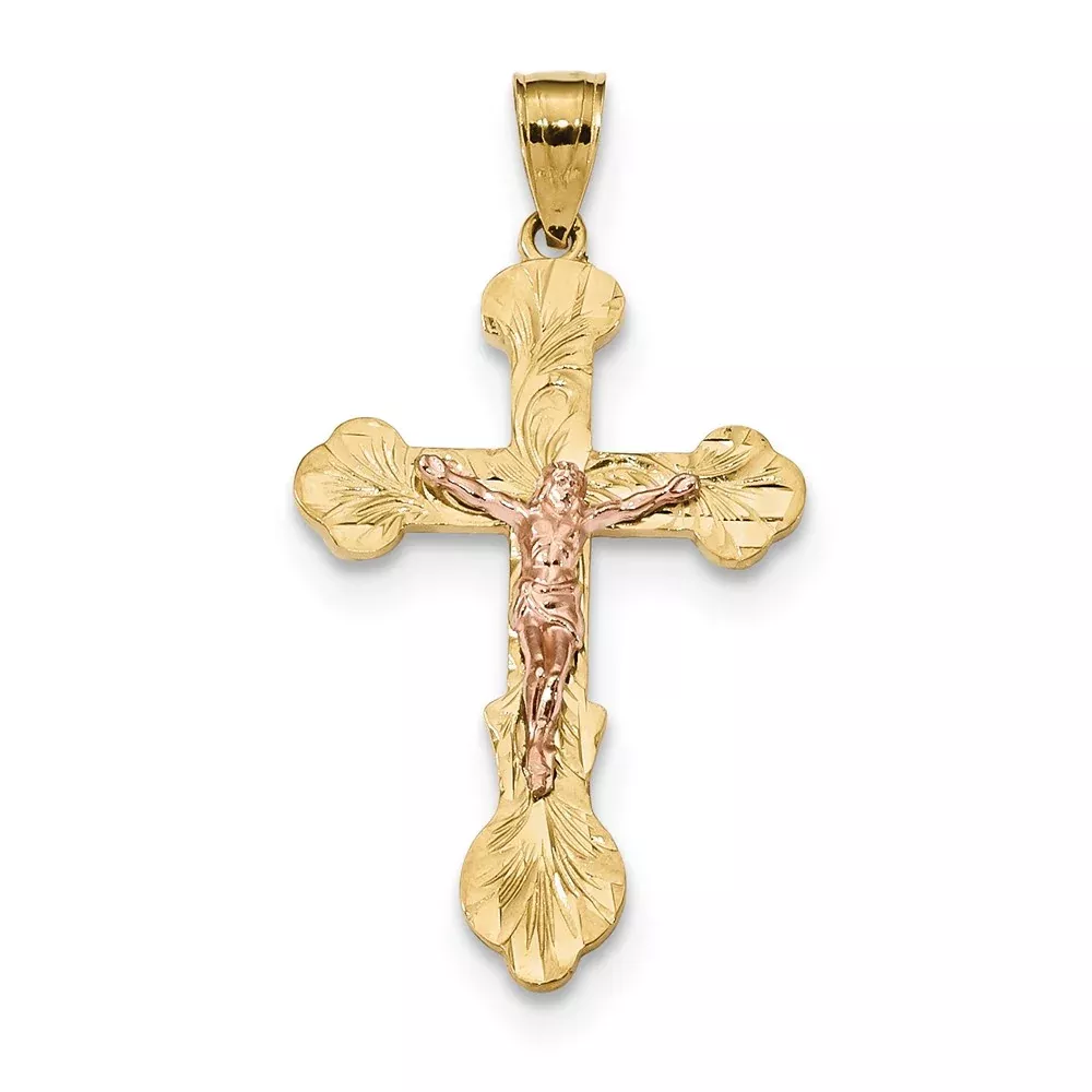 14k Two-tone Gold Budded Crucifix Pendant
