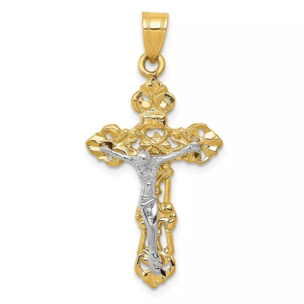 14k Two-tone Gold Fleur De Lis Crucifix Pendant
