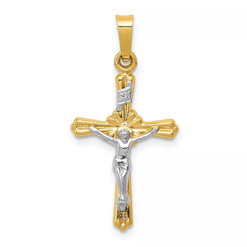 14k Two-tone Gold Flower Center INRI Crucifix Pendant