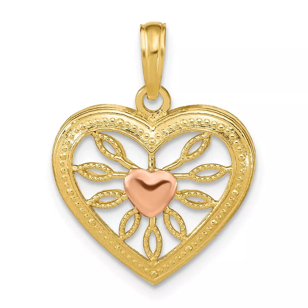 14k Two-tone Gold Heart with Pink Center Charm