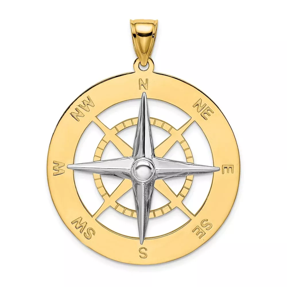 14k Two-tone Gold Nautical Compass White Needle Charm