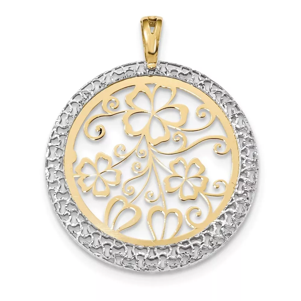14k Two-tone Gold Polished and D /C Floral Circle Pendant