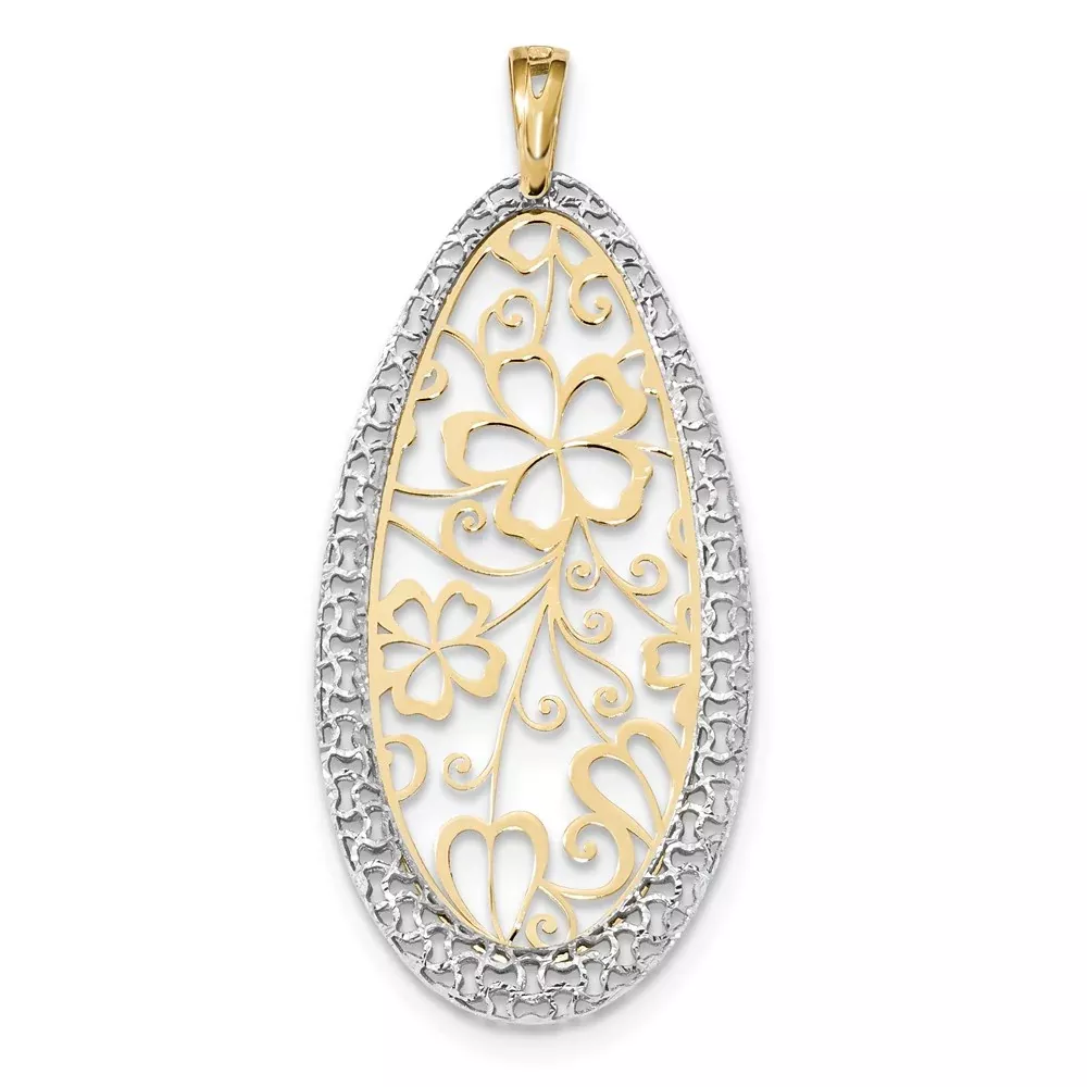 14k Two-tone Gold Polished and D /C Floral Teardrop Pendant