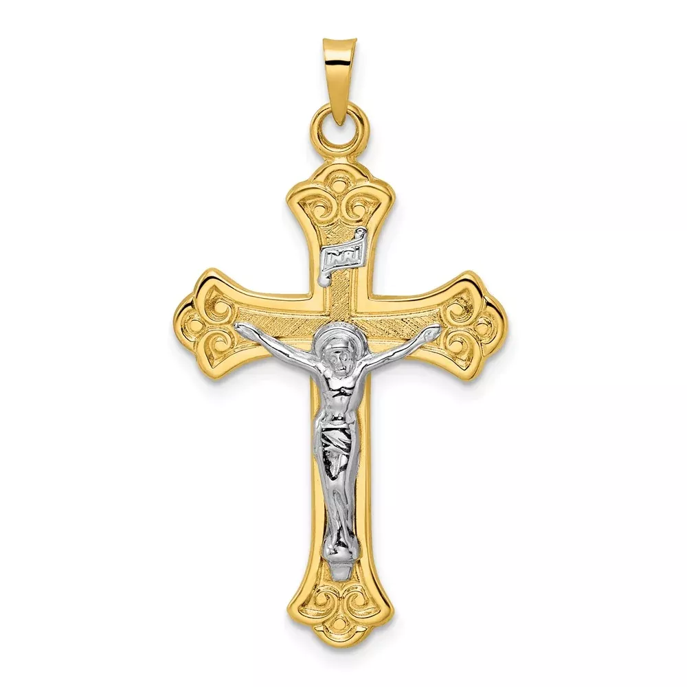 14k Two-tone Gold Polished Solid INRI Fleur de Lis Crucifix Pendant