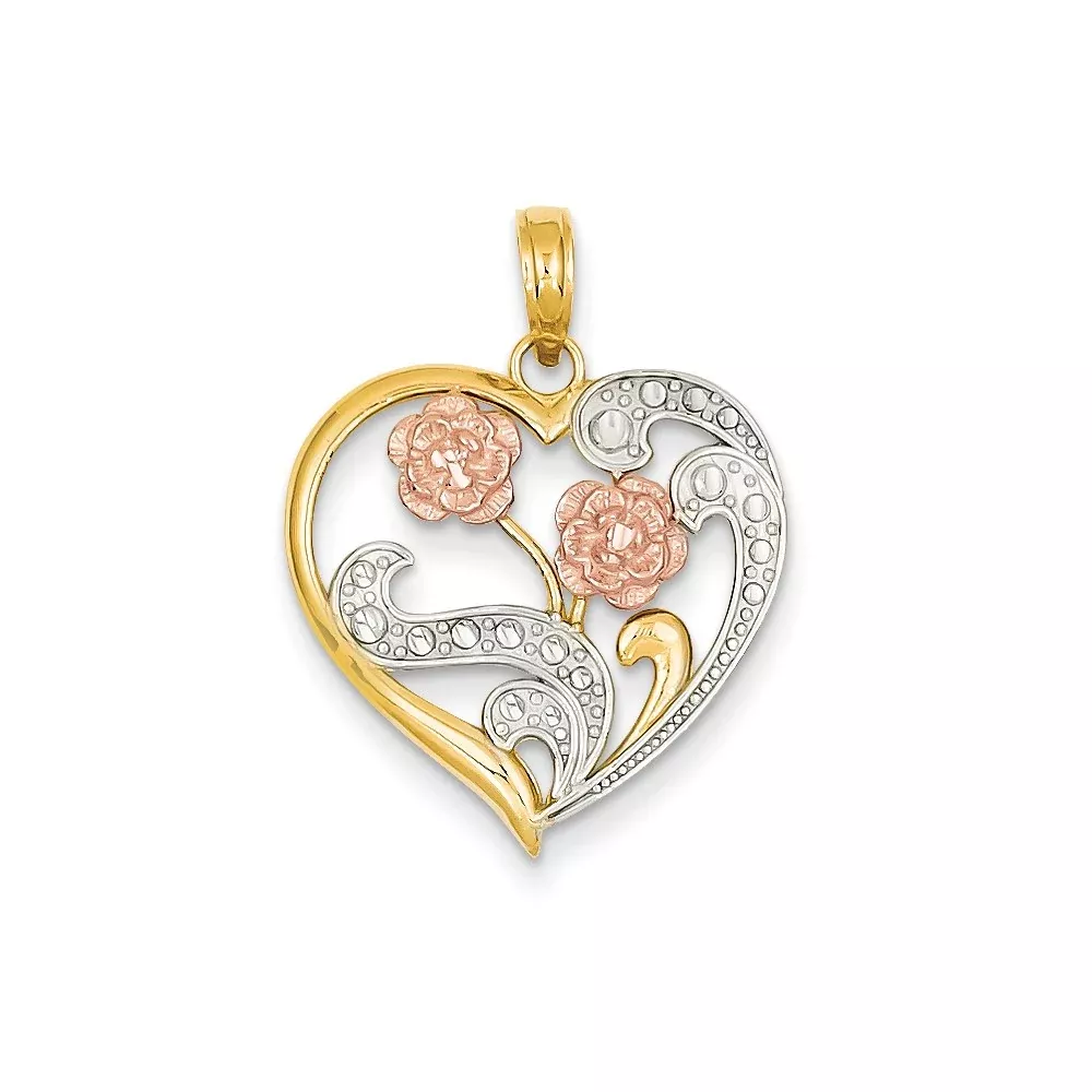 14k Two-tone Gold & Rhodium Flowers on Cut-out Heart Pendant