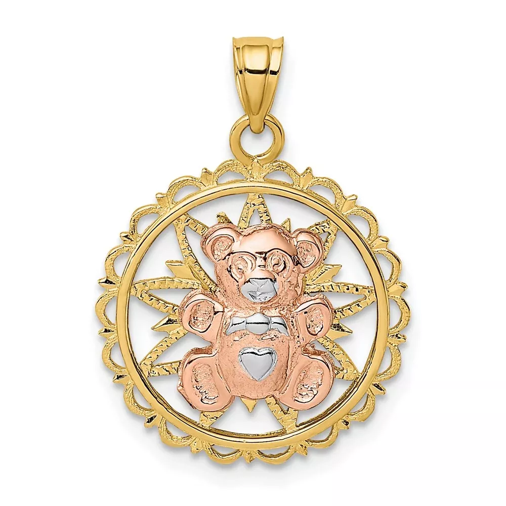 14k Two-tone Gold /Rhodium Teddy Bear on Cut-Out Disc Charm