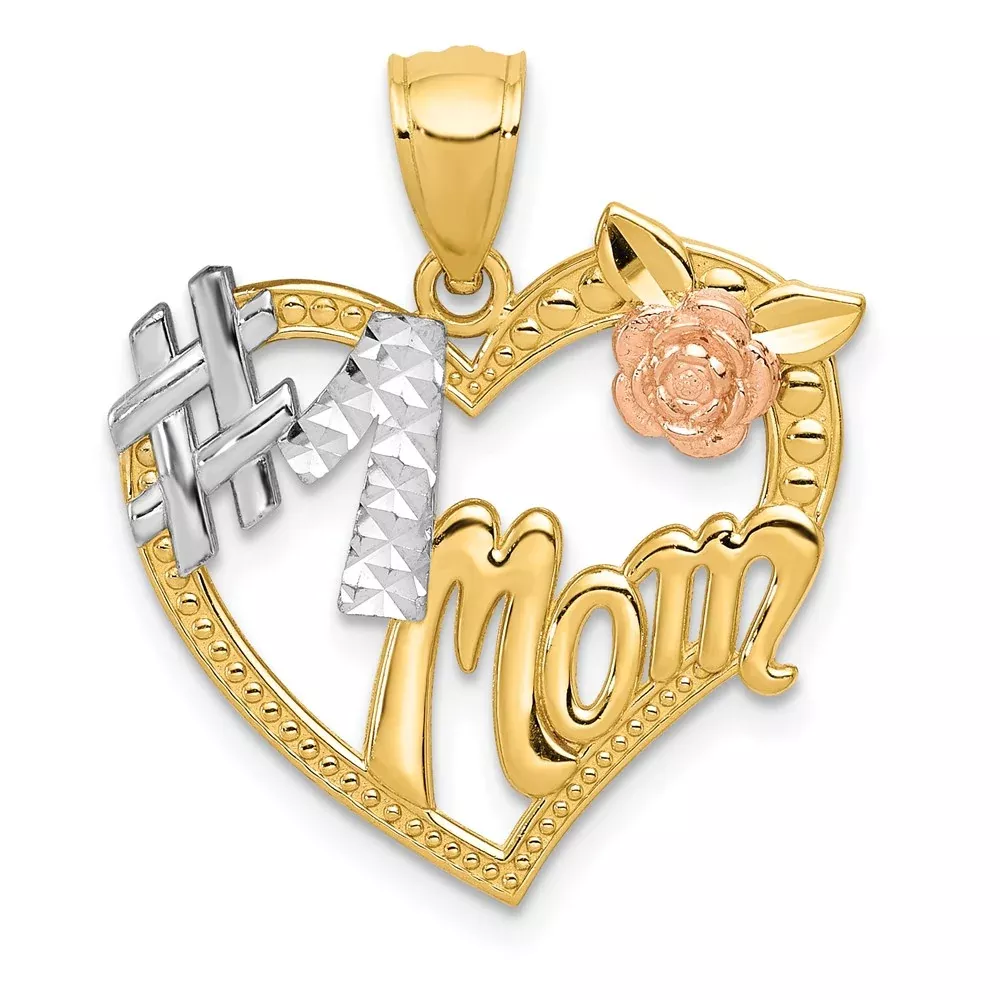 14k Two-tone Gold w /White Rhodium #1 MOM Heart Pendant