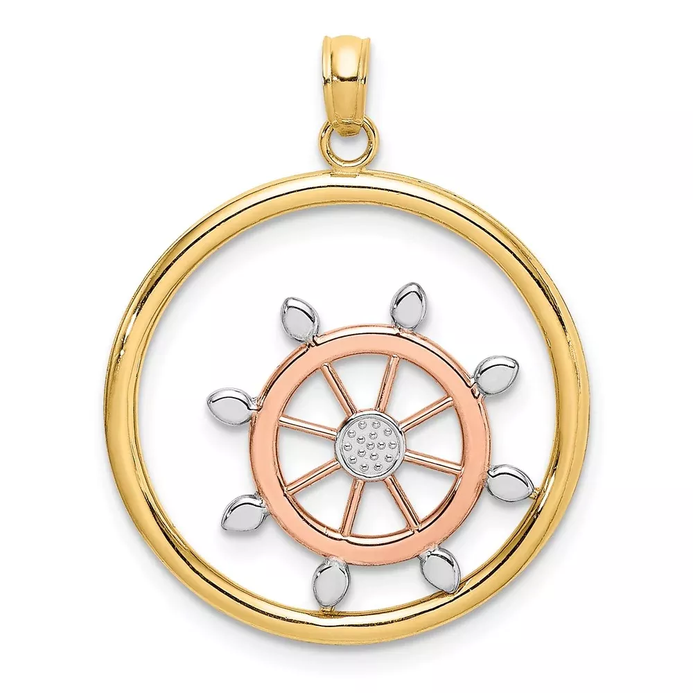 14k Two-tone Gold w/White Rhodium Beaded Ship Wheel In Circle Charm