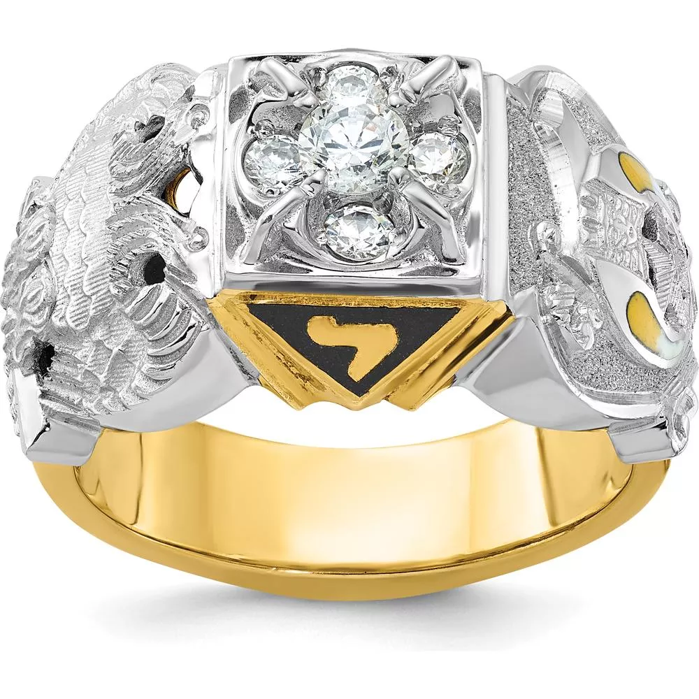 14K Two-Tone Men's Polished and Textured Double Eagle Masonic Shriner's Ring with Round Diamonds - 0.30 Carat Total Diamond Weight by IBGoodman