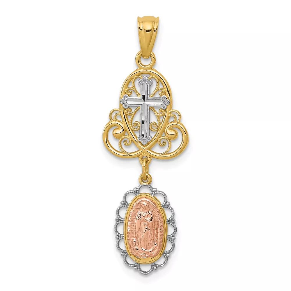 14K Two-Tone with White Rhodium Our Lady of Guadalupe and Cross Pendant
