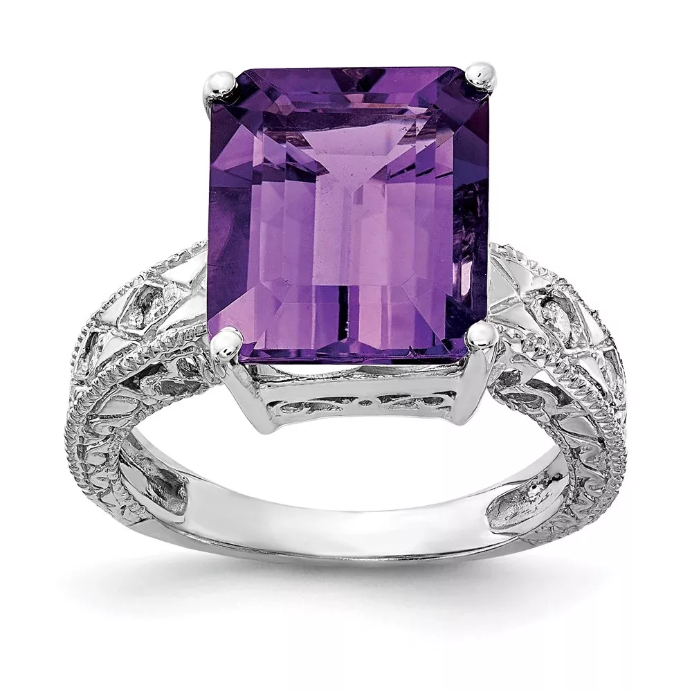 14k White Gold 12x10mm Emerald Cut Amethyst AAA Diamond ring