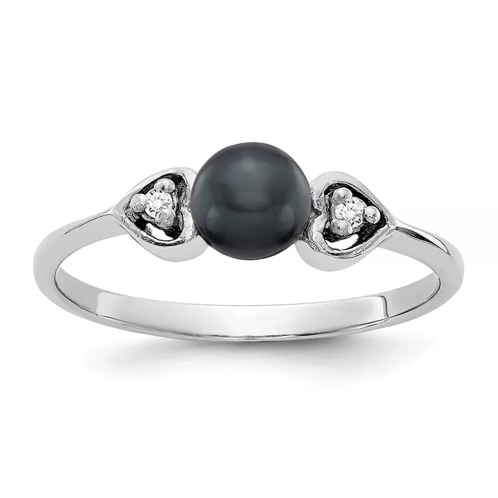 14k White Gold 4.5mm Black FW Cultured Pearl AAA Diamond ring