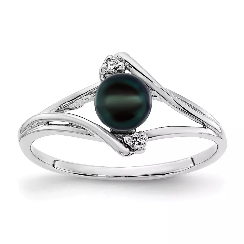 14k White Gold 5mm Black FW Cultured Pearl AA Diamond ring