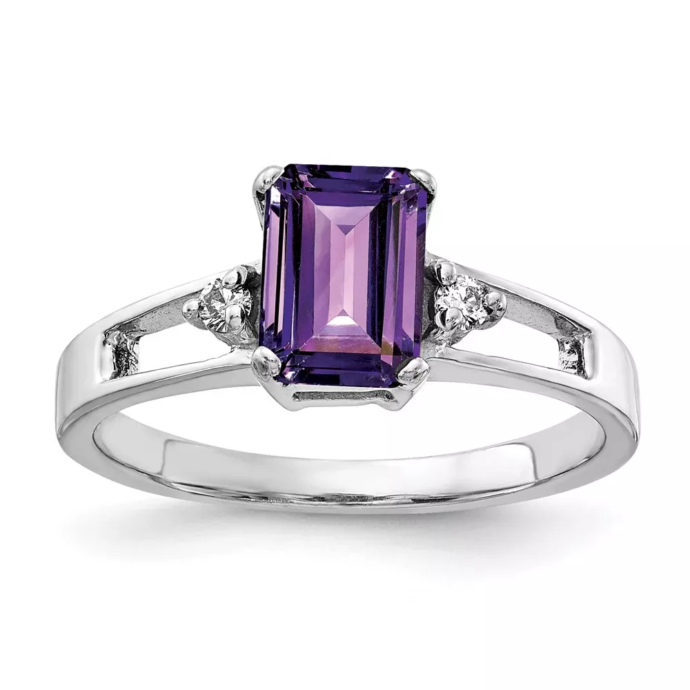 14k White Gold 7x5mm Emerald Cut Amethyst AA Diamond ring