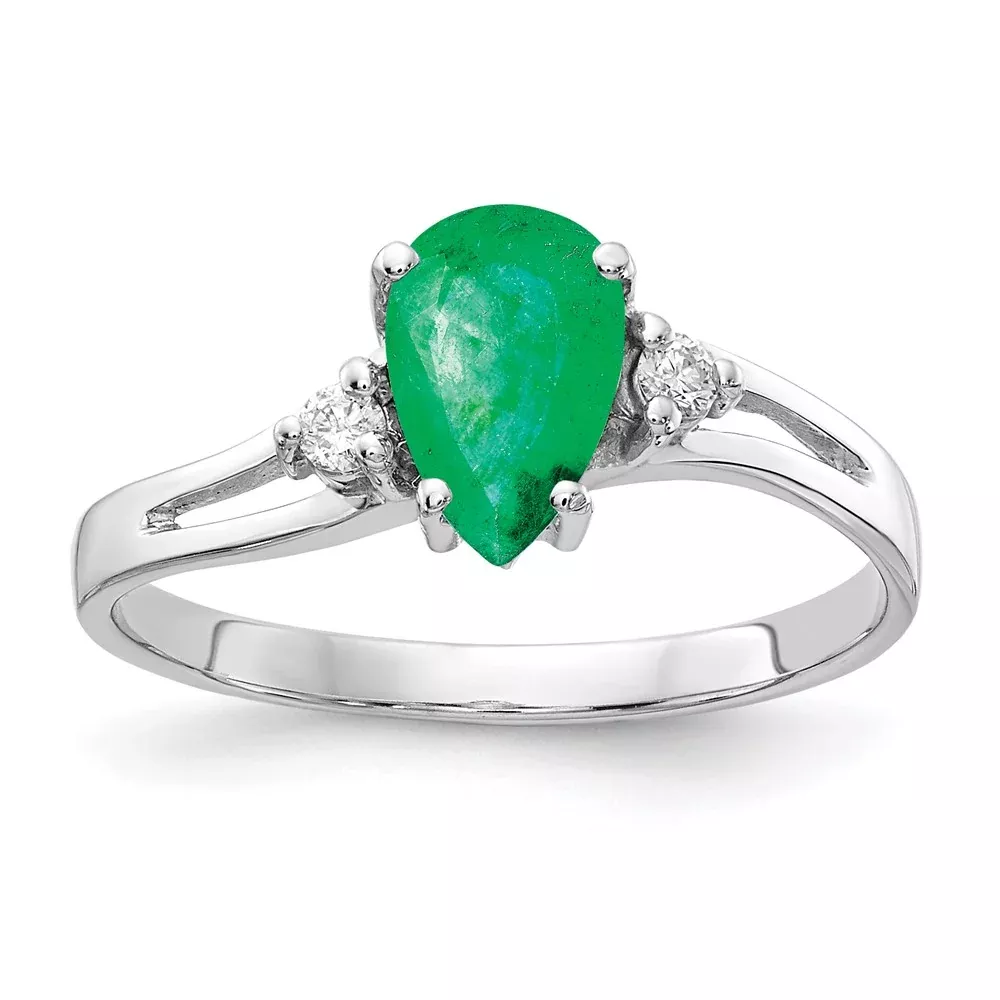 14k White Gold 7x5mm Pear Emerald AA Diamond ring
