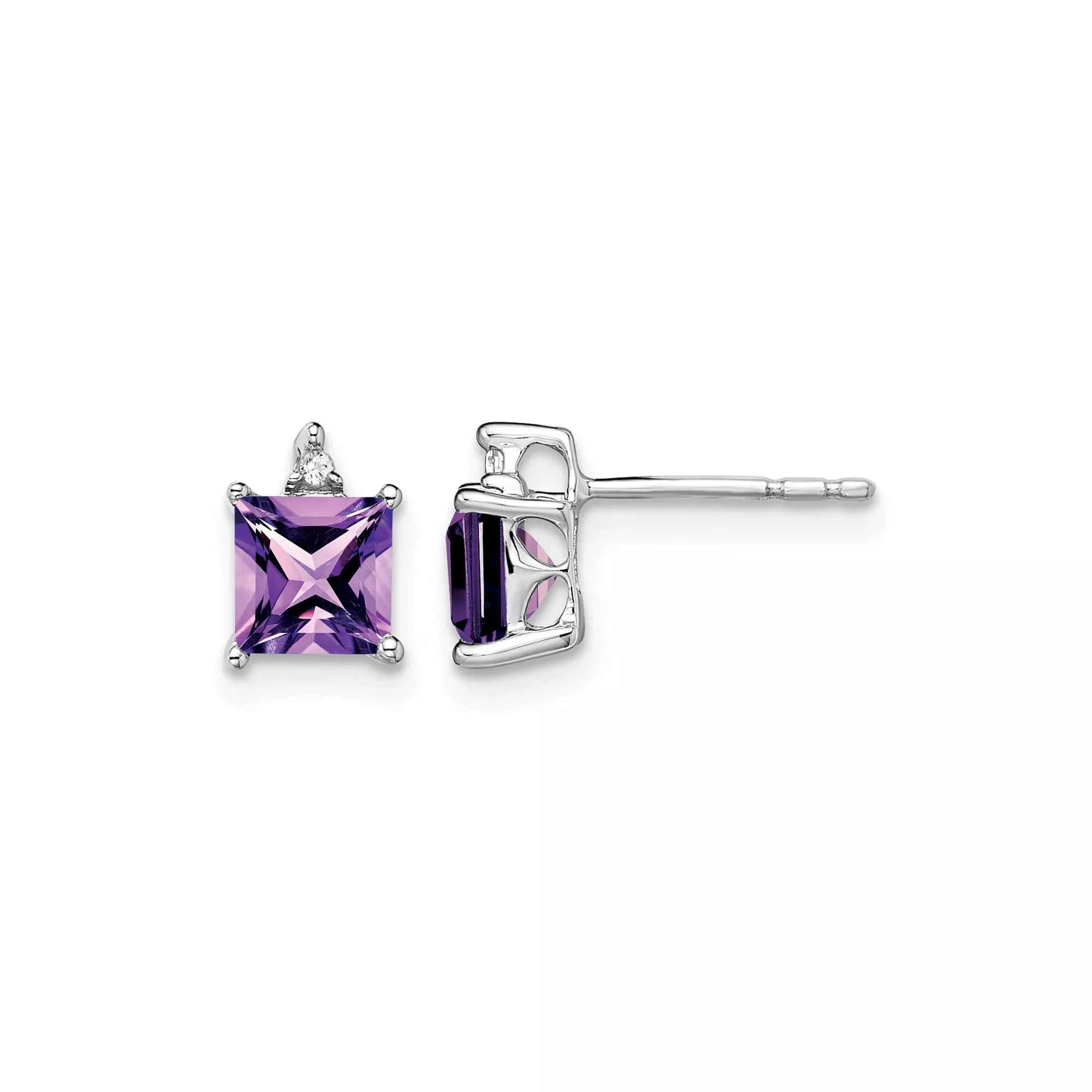 14k White Gold Amethyst and Diamond Stud Earrings, Square Cut, Modern Design for Women