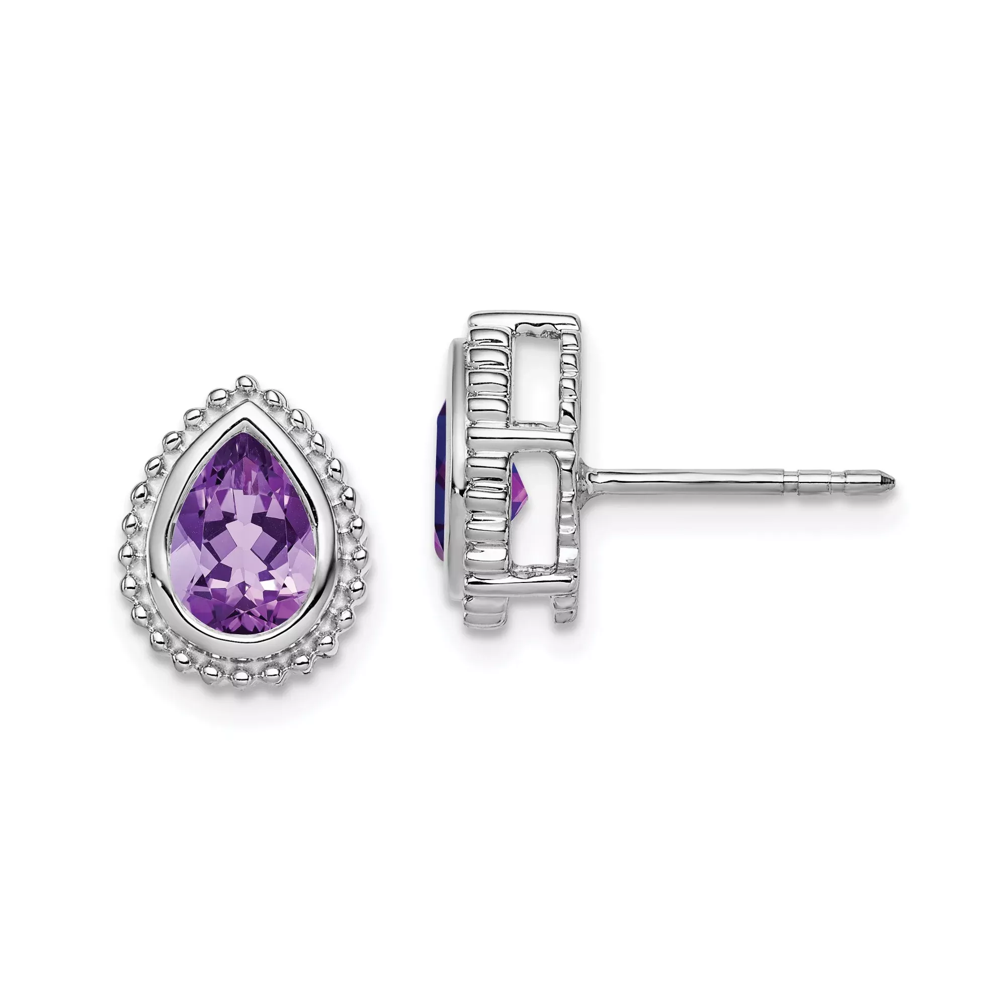 14k White Gold Amethyst Stud Earrings, Pear Shaped Gemstone with Beaded Halo Design