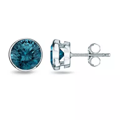14K White Gold Bezel 1/2CtEnhanced Blue Diamond Stud Earrings
