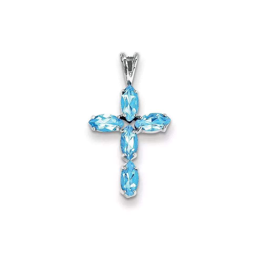 14k White Gold Blue Topaz Cross Pendant