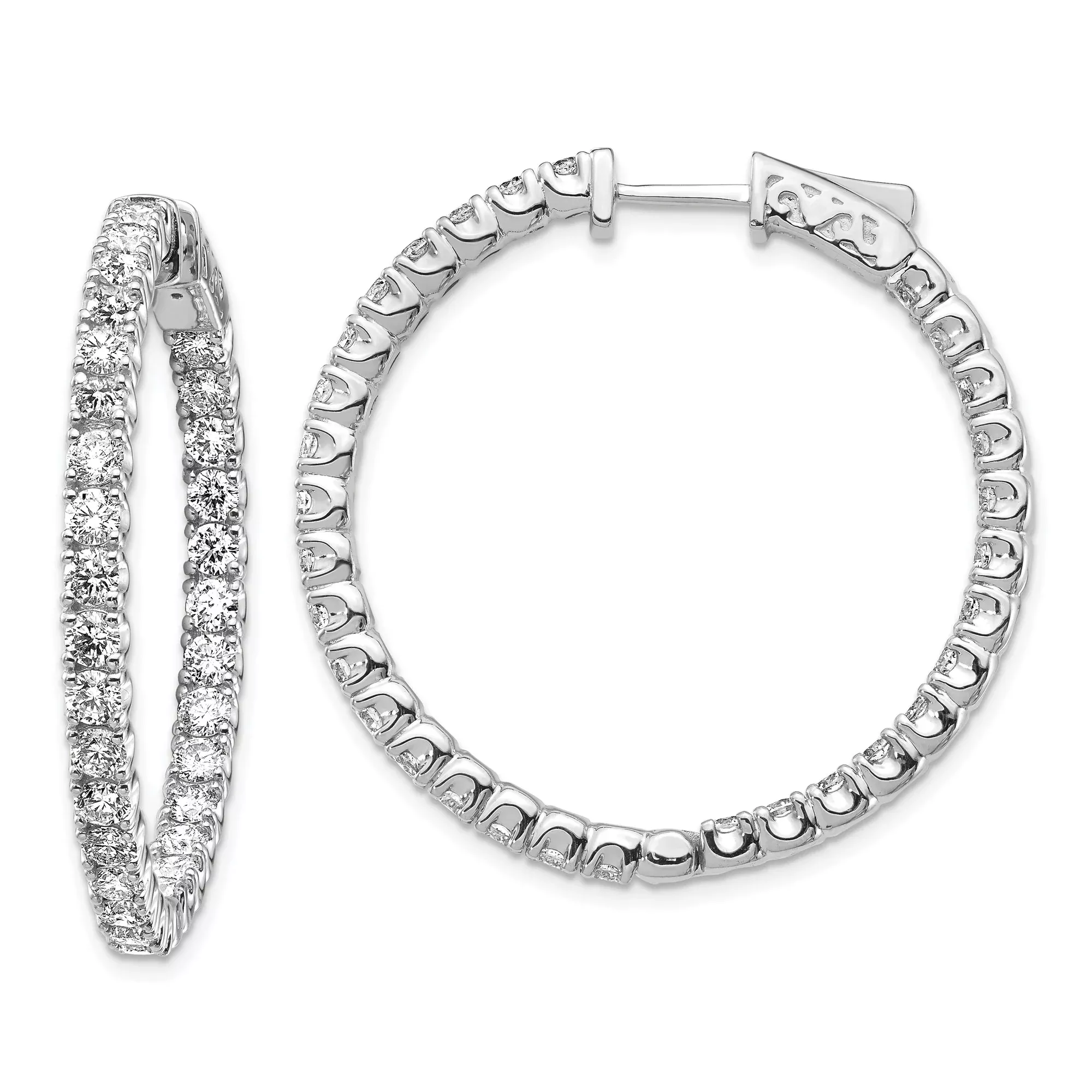 14k White Gold Hoop Earrings with Round Diamonds in Prong Setting