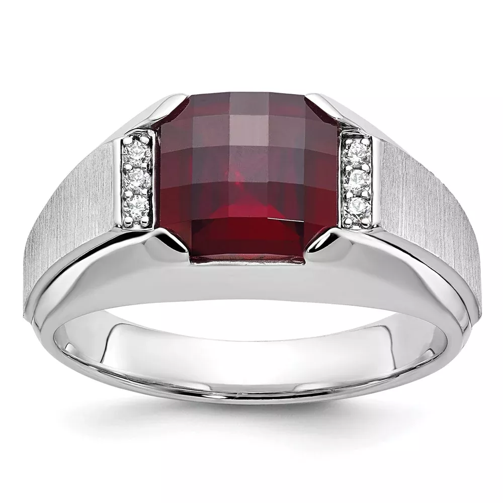14k White Gold Men's Created Garnet and 1 /20 carat Diamond Complete Ring