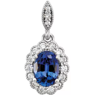 14k White Gold Oval Sapphire Diamond Necklace 5X8