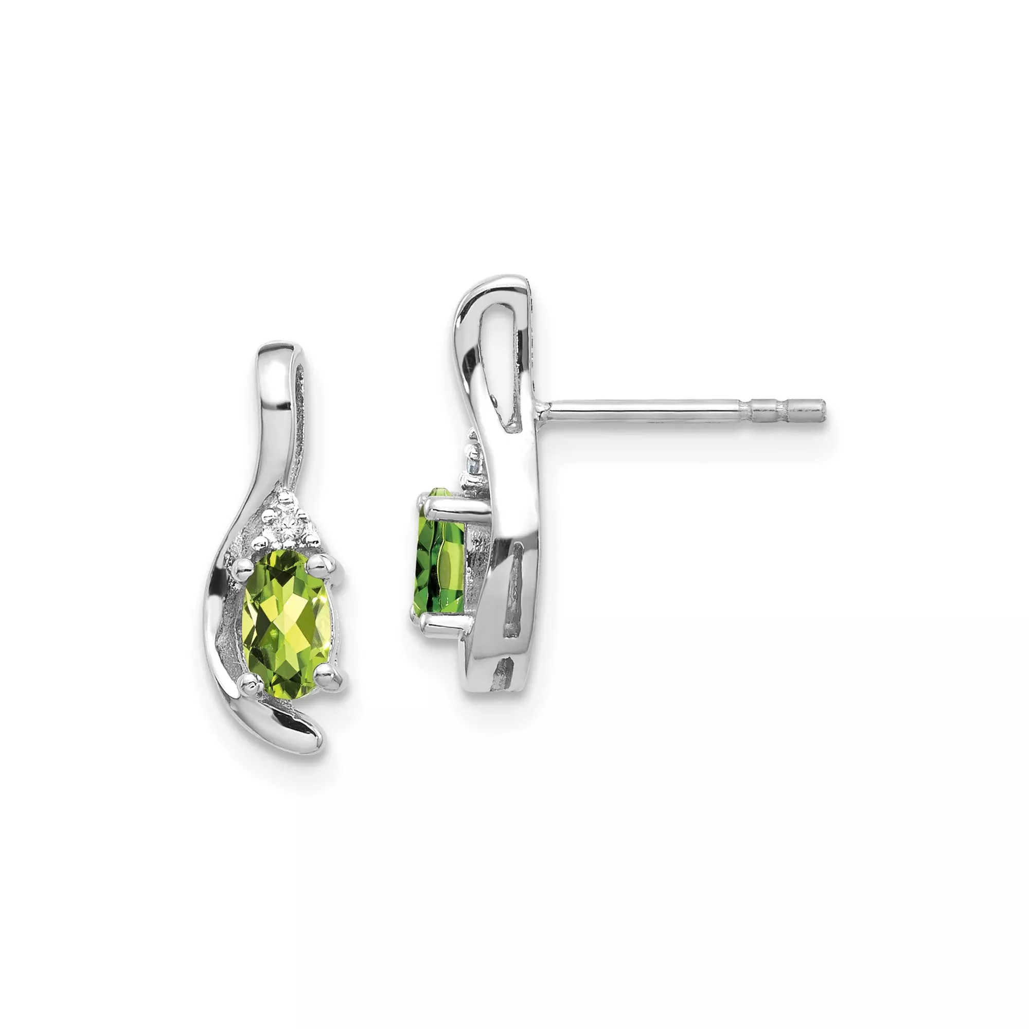14k White Gold Peridot Stud Earrings with Diamond Accents, Modern Swirl Design