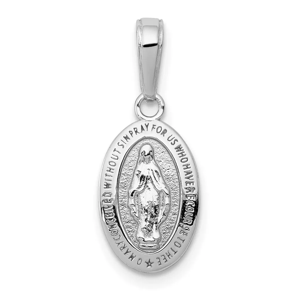 14k White Gold Polished and Satin Solid Miraculous Medal Oval Charm