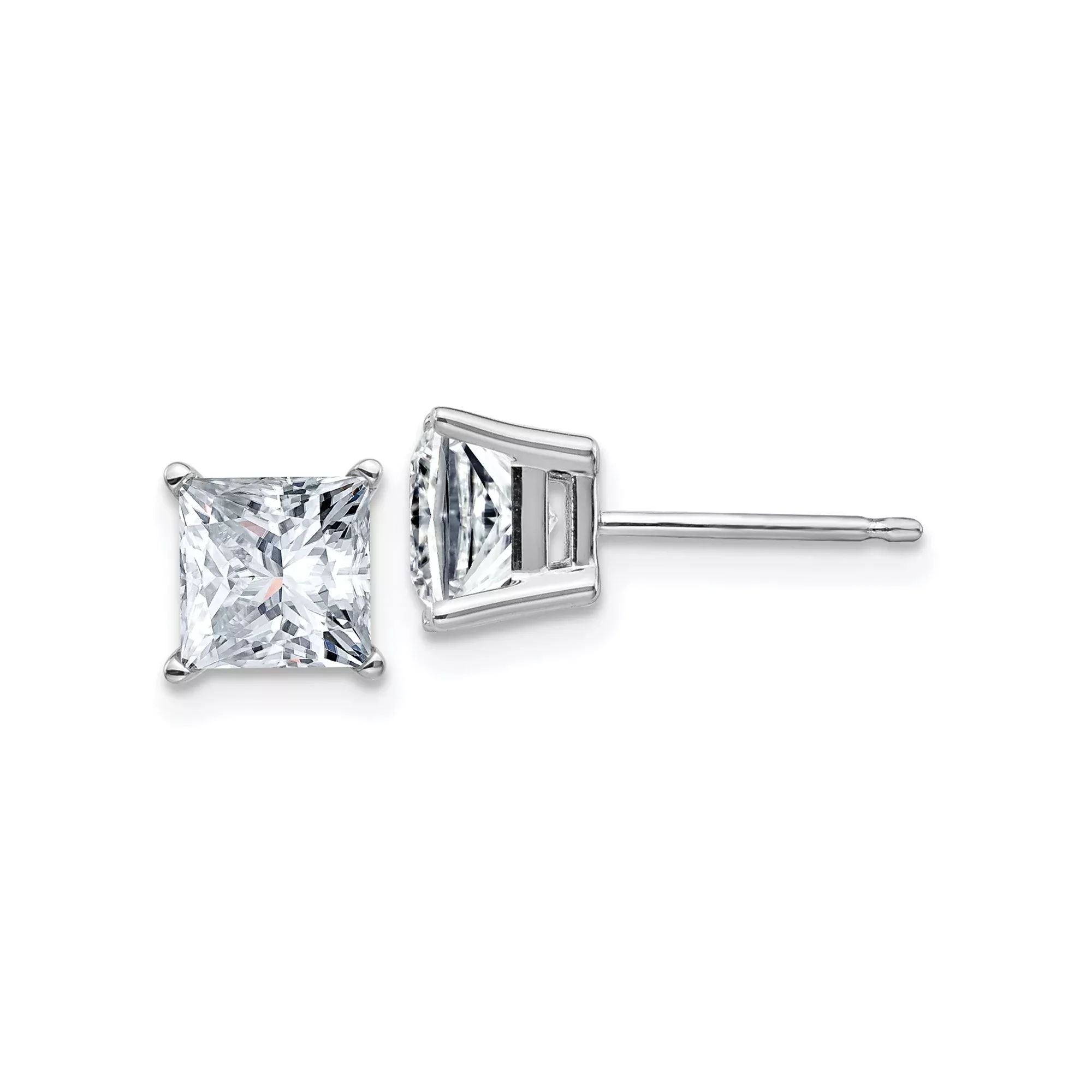 14k White Gold Princess Cut Moissanite Stud Earrings, Square Solitaire Design