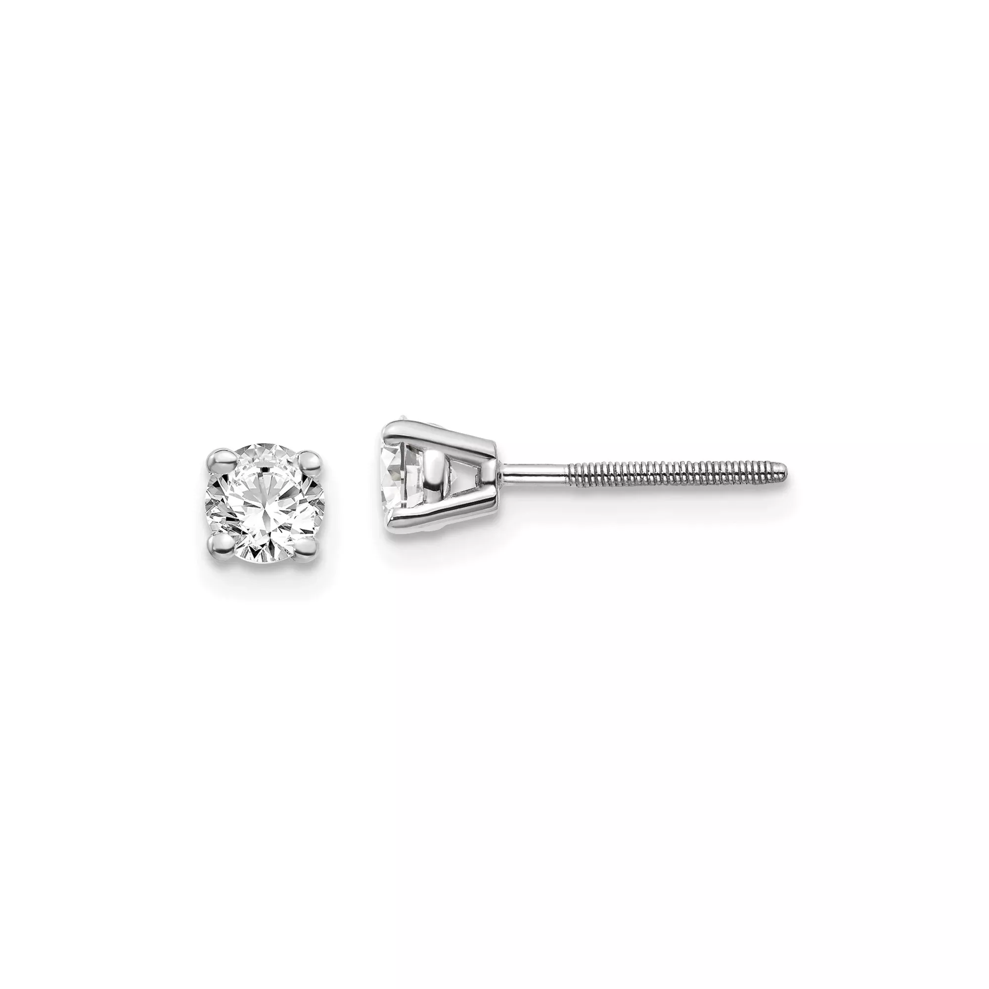 14k White Gold Solitaire Stud Earrings with Round Diamond, Four Prong Setting, Screw Backs