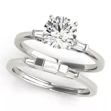 14k White Gold Tapered Baguette Round Three Stone Engagement Set 1/2CTW