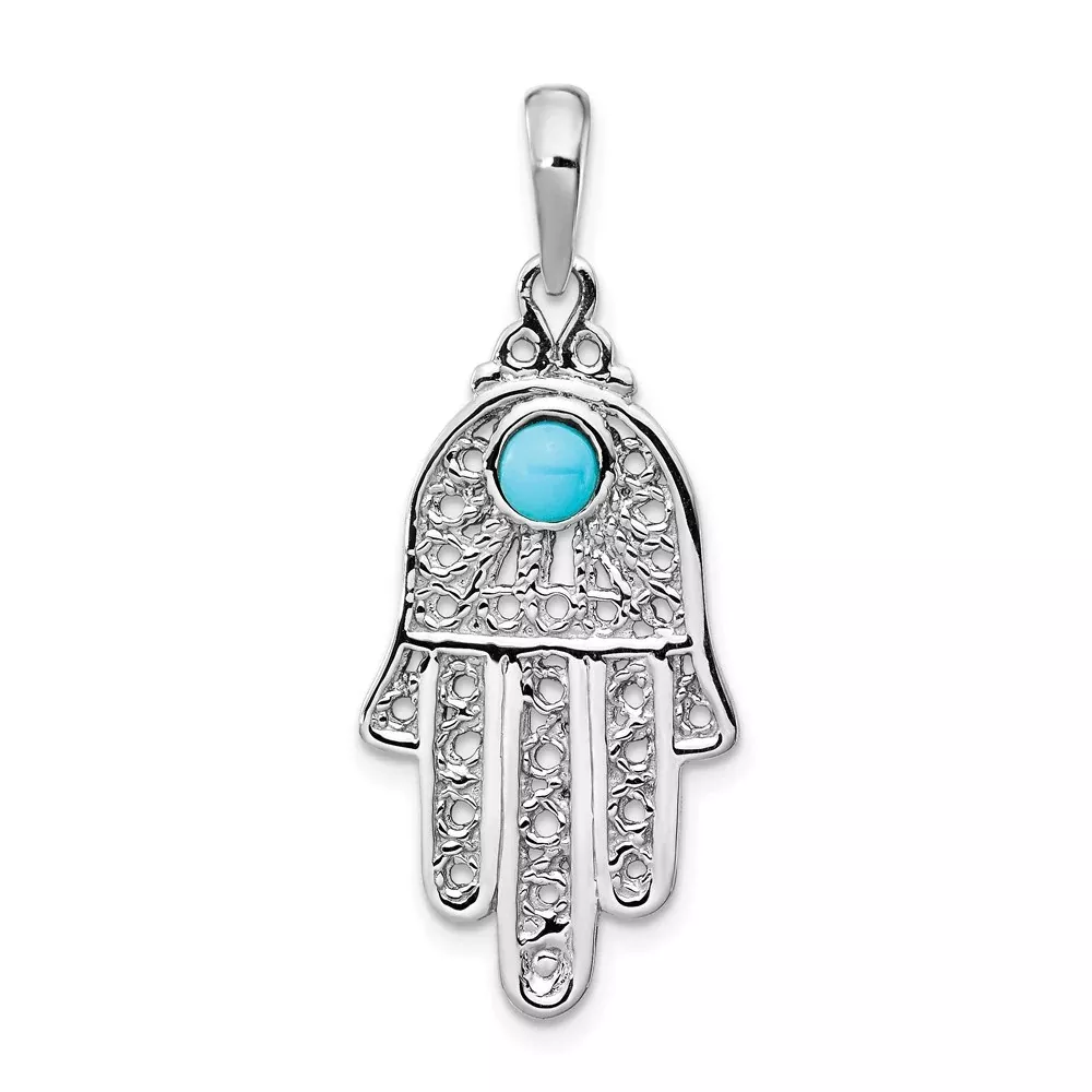14k White Gold Turquoise Filigree Chamseh Pendant