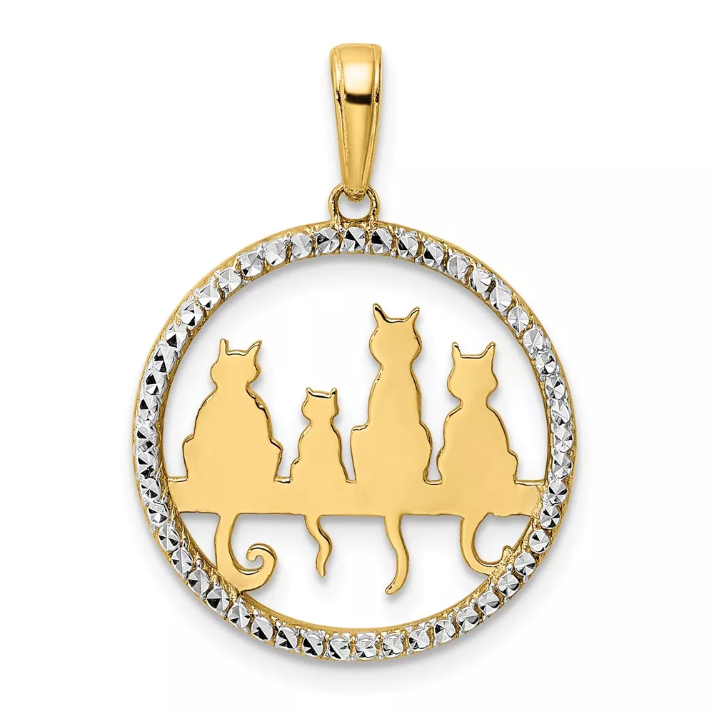 14k and White Rhodium Diamond-cut Cats Sitting on Bench Pendant
