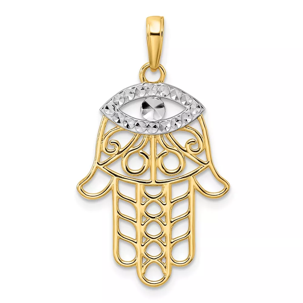 14k and White Rhodium Diamond-cut Evil Eye Filigree Hamsa Pendant