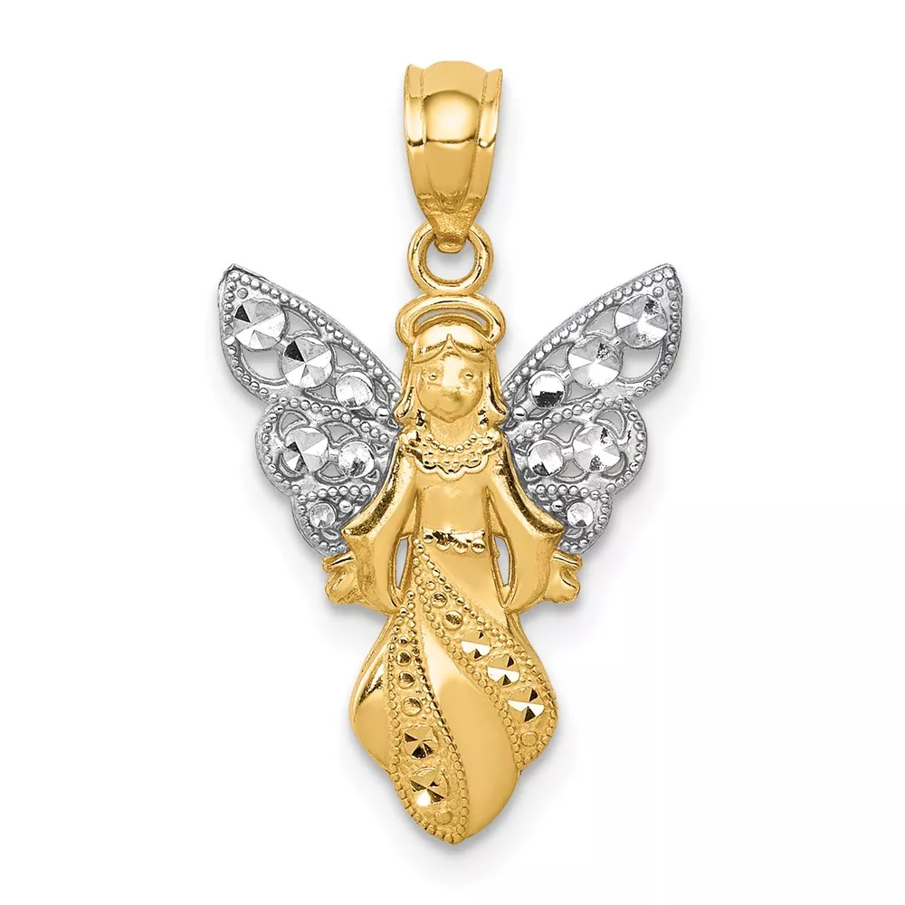 14K and White Rhodium Polished and Textured Angel Pendant