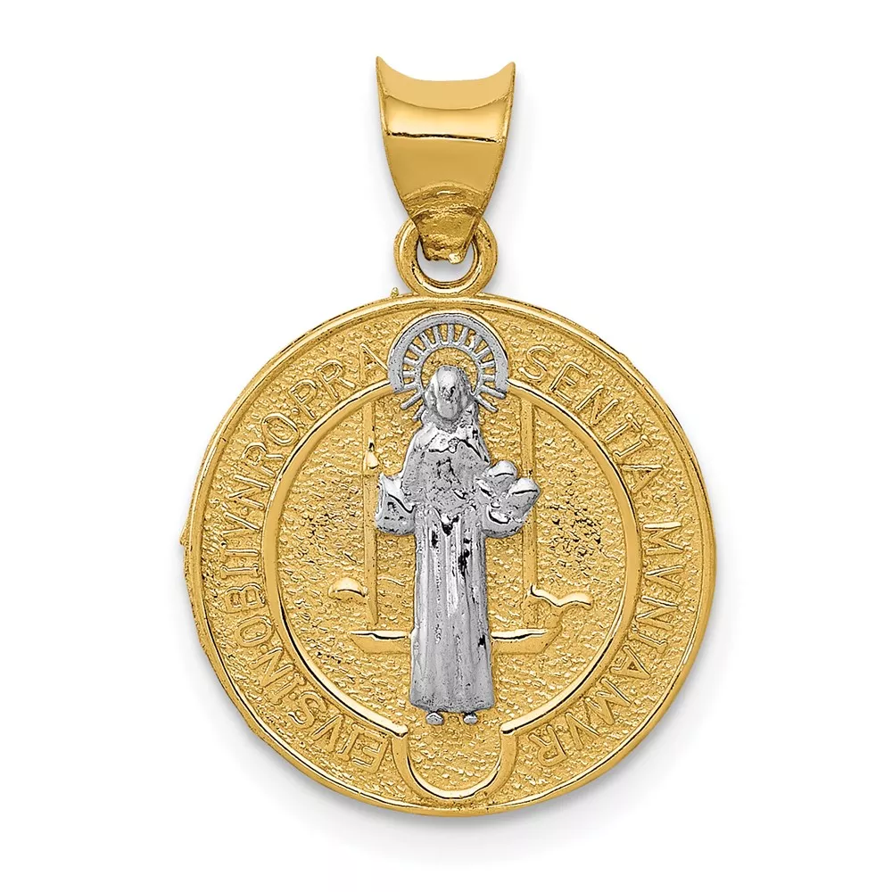 14k and White Rhodium Solid St. Benedict Medal Round Pendant