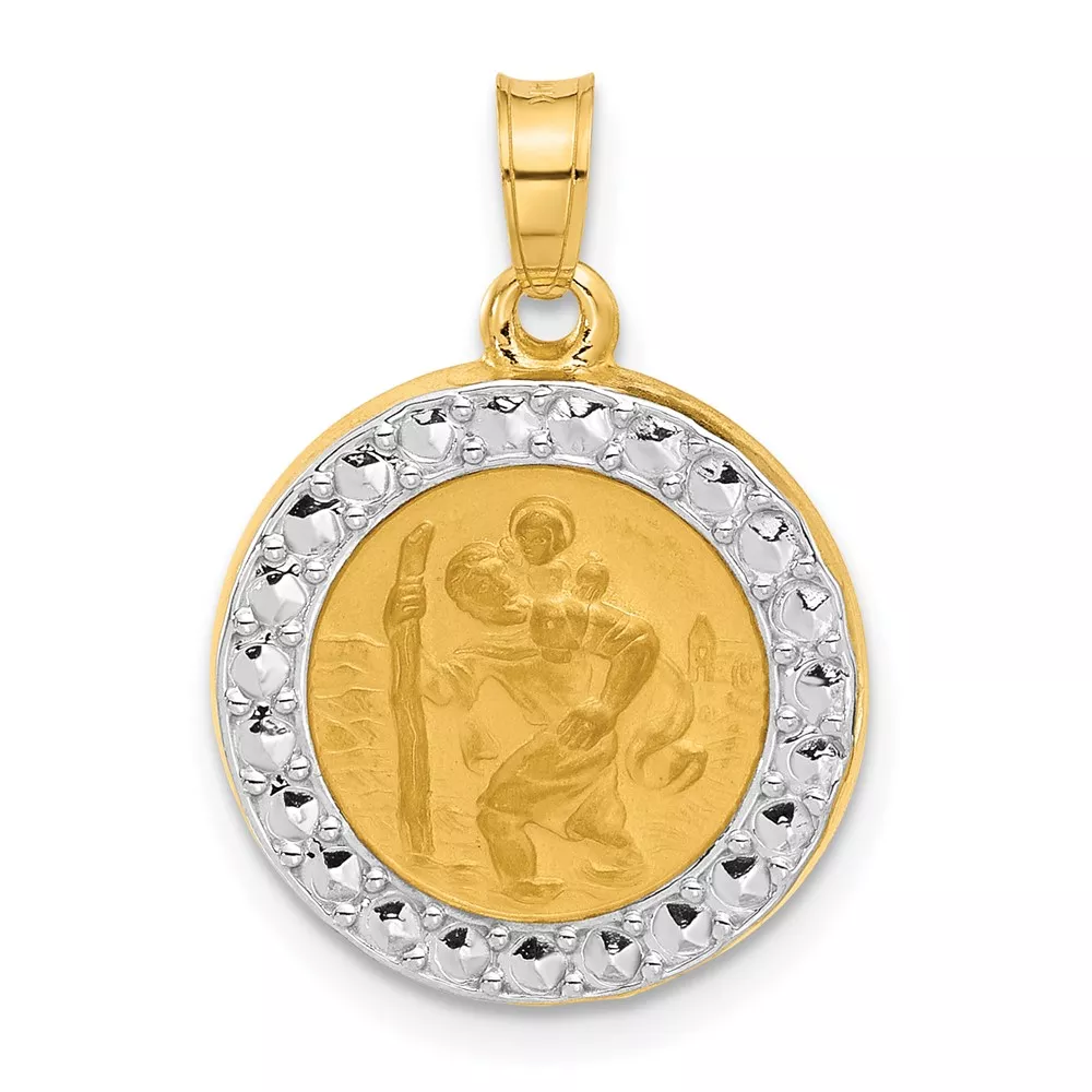 14K with White Rhodium Polished and Satin Hollow St. Christopher Medal Round Pendant
