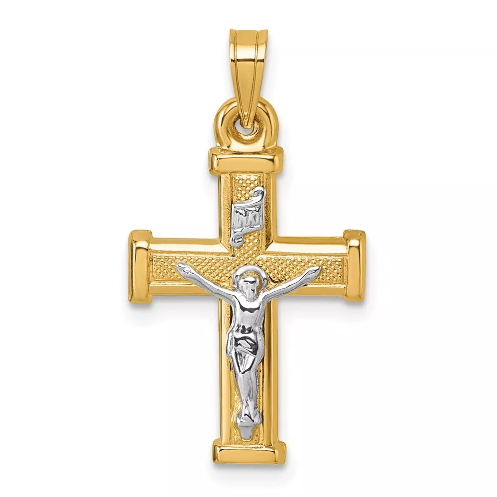 14k with White Rhodium Polished and Textured INRI Crucifix Cross Pendant