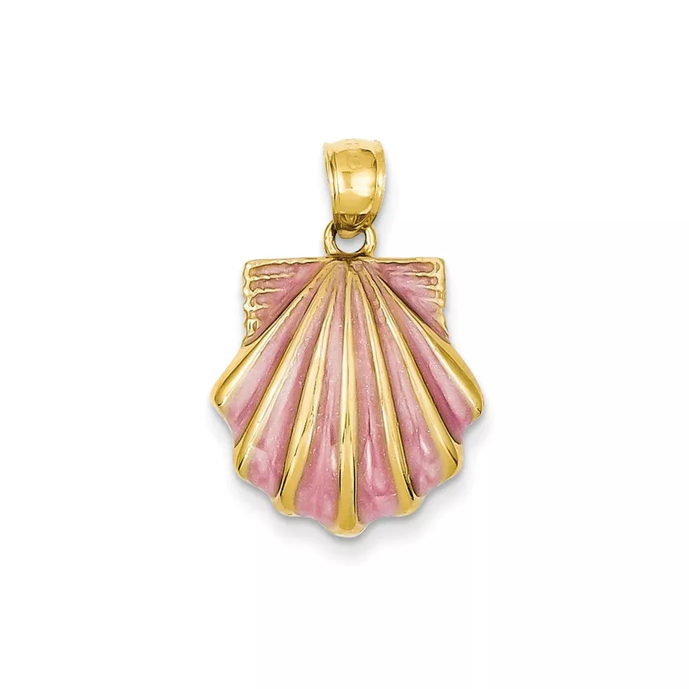 14k Yellow Gold 2-D Pink Enameled Scallop Shell Pendant