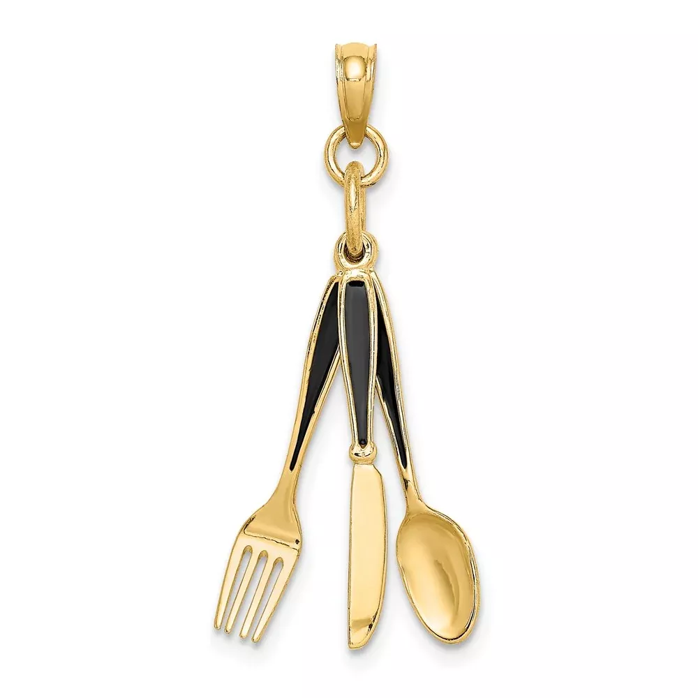 14k Yellow Gold 3-D Enamel Knife Fork Spoon Moveable Charm